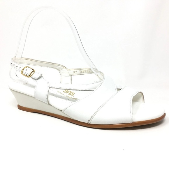 SAS Caress Low Wedge Strappy White Tripad Comfort Leather Sandals 8M Pre-Owned - Picture 1 of 8